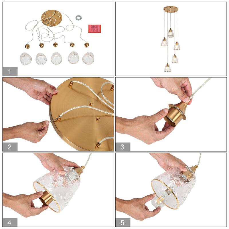 Dilera Modern Gold 5-Light Glass Chandelier Cluster Island Pendant for Kitchen Island - D18" x H68.4" Max