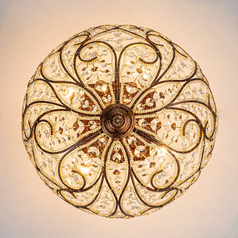 4-Light 14'' in. Glam Antique Bronze Crystal Semi Flush Mount - 14.2