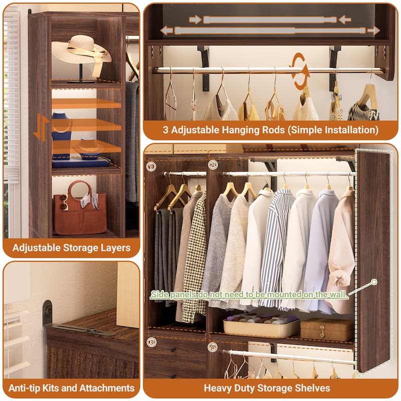 Grimm 5FT Small Closet System with Drawers, 60" Closet Organizer System with Reversible Hanging Shelving
