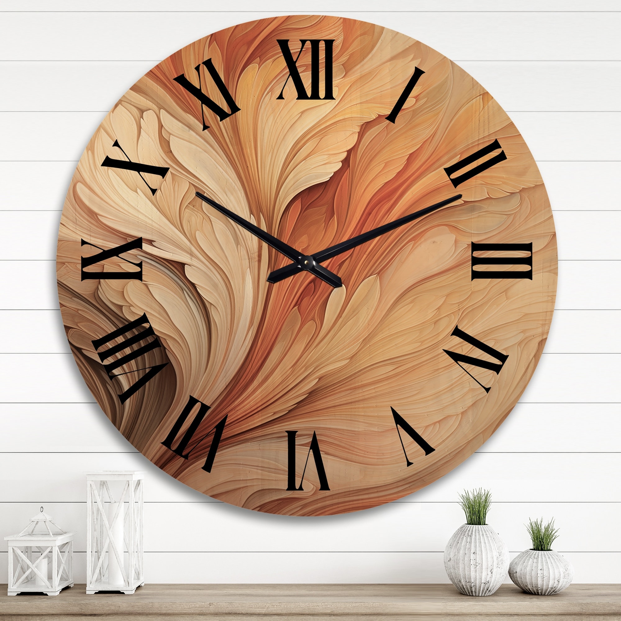 Designart "Vintage Orange Ornamental Wave Elegance" Abstract Shapes Oversized Wood Wall Clock