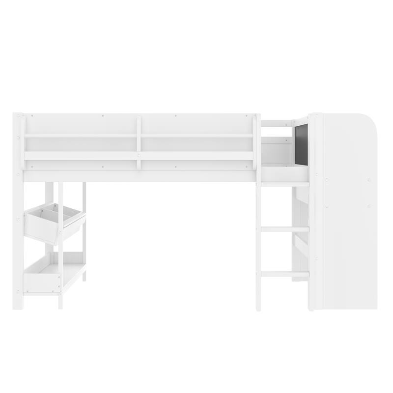 Full/Twin Size Loft Bed with Built-in Desk, Multi-Storage Bookcases & Blackboard, Solid Wood Low Loft Bed Frame