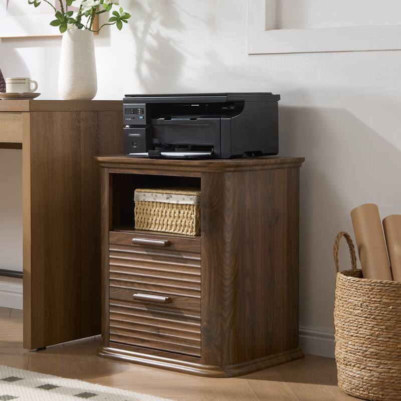 22" Fluted Night Stand with Charging Station, End Table with 2 Drawers & Open Storage, Side Tables Curved Profile Design