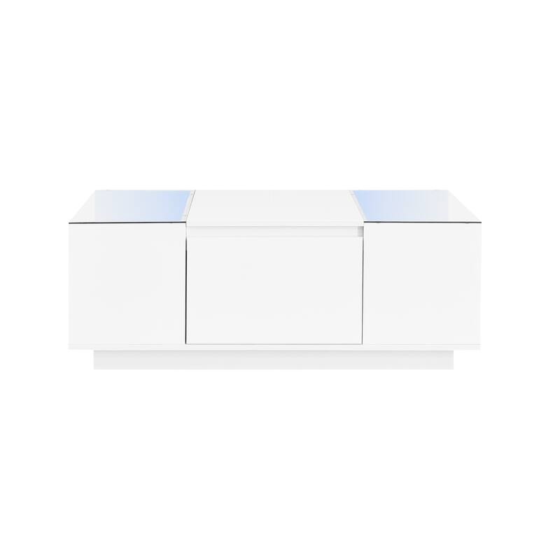 LED Coffee Table with 2 Drawers, Rectangle High Gloss Center Table, Modern Glass Tabletop Storage Table for Living Room