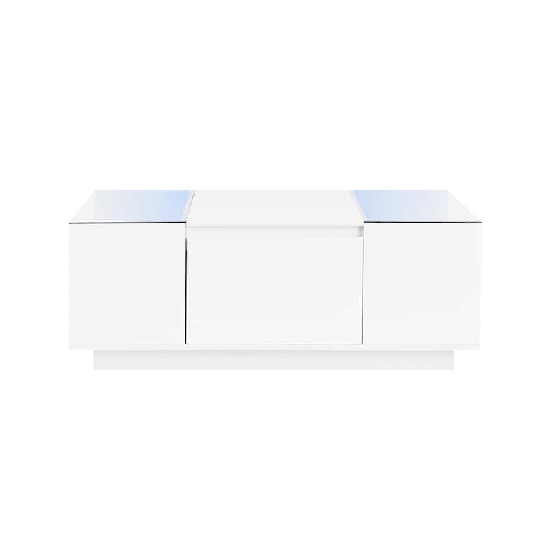 Led Coffee Table with Glass Tabletop and 2 Hidden Drawers