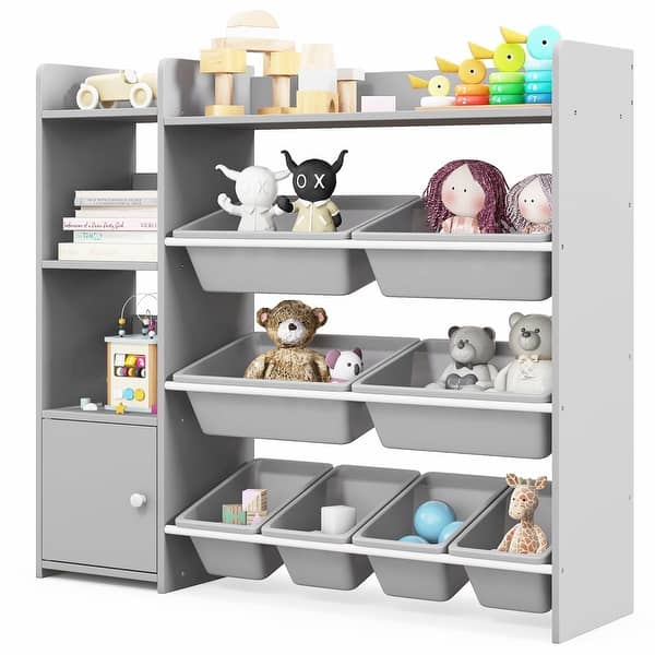 slide 2 of 10, Gymax 4-Tier Kids Toy Storage Organizer Bookshelf w/ 8 Toy Organizer Grey