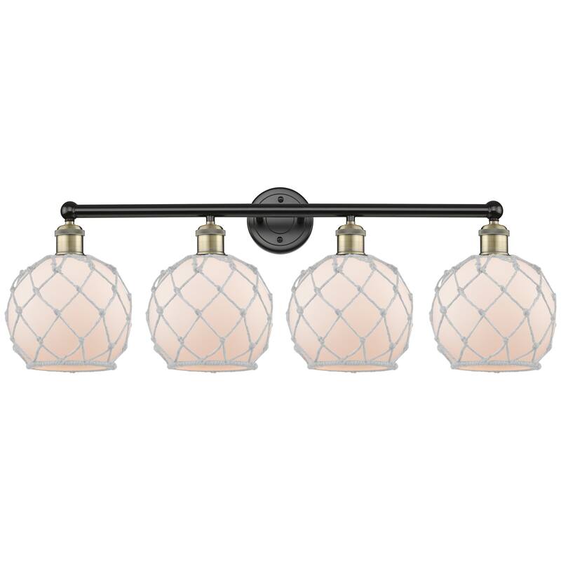 Innovations Lighting Endless Possibilities Edison - Farmhouse Rope - 4 Light 35" Bath Vanity Light - White Glass with White Rope/Black Antique Brass