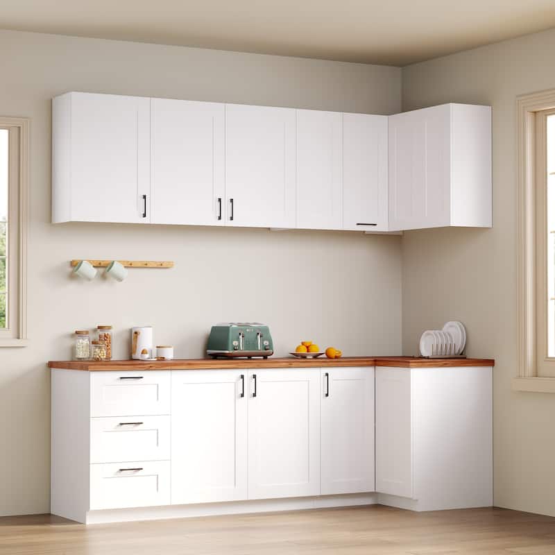 Modular White Kitchen Cabinet Set Customizable Base and Wall Cabinets Pantry Storage and DIY Countertop Design(Without desktop) - 100"W(Combo/Corner Cabinet)