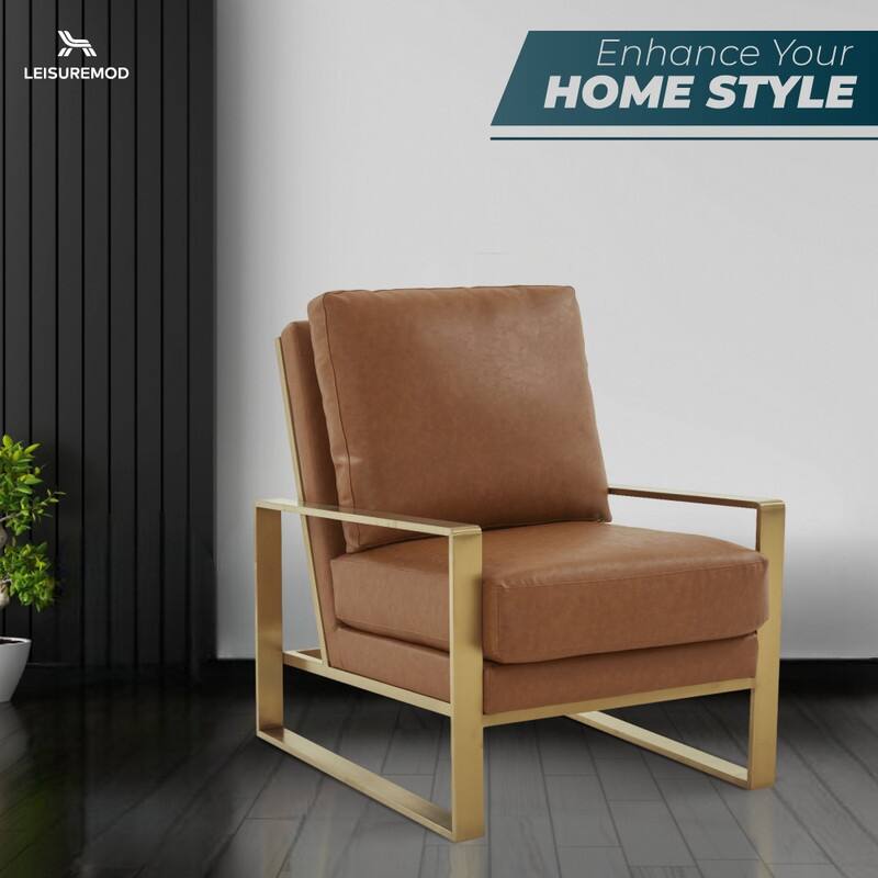 Jefferson Contemporary Leather Accent Armchair with Brushed Gold Base, Removable Cushions, and Durable Spring-Supported Seat