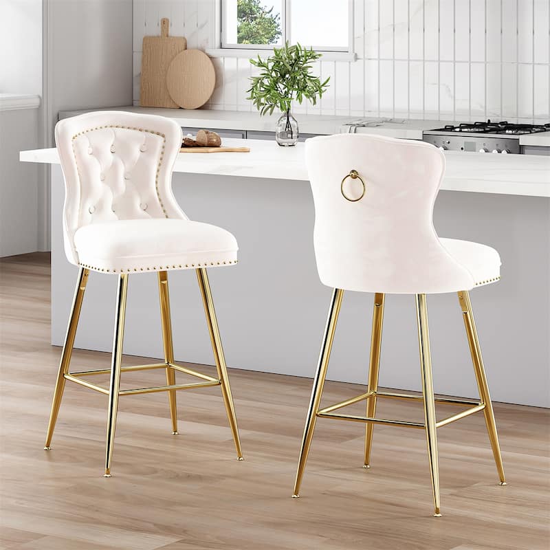 Velvet Bar Stools with Metal Legs, Button Tufted and Nailheads Trim (Set of 2) - Beige