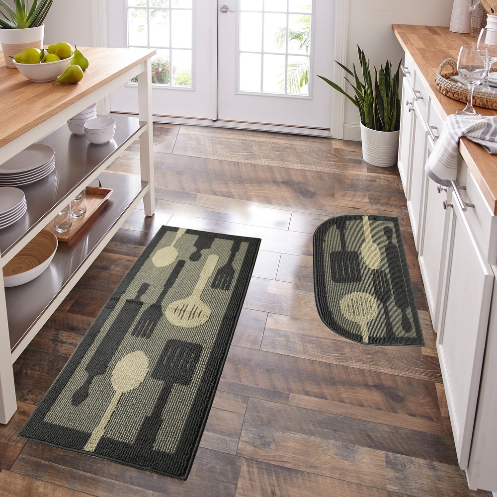 KIMODE Kitchen Rugs and Mats 2PCS,Washable Farmhouse Kitchen Mats for Floor  with Non-Slip Rubber Backing,Absorbent Beige Runner Rugs Set for Front of
