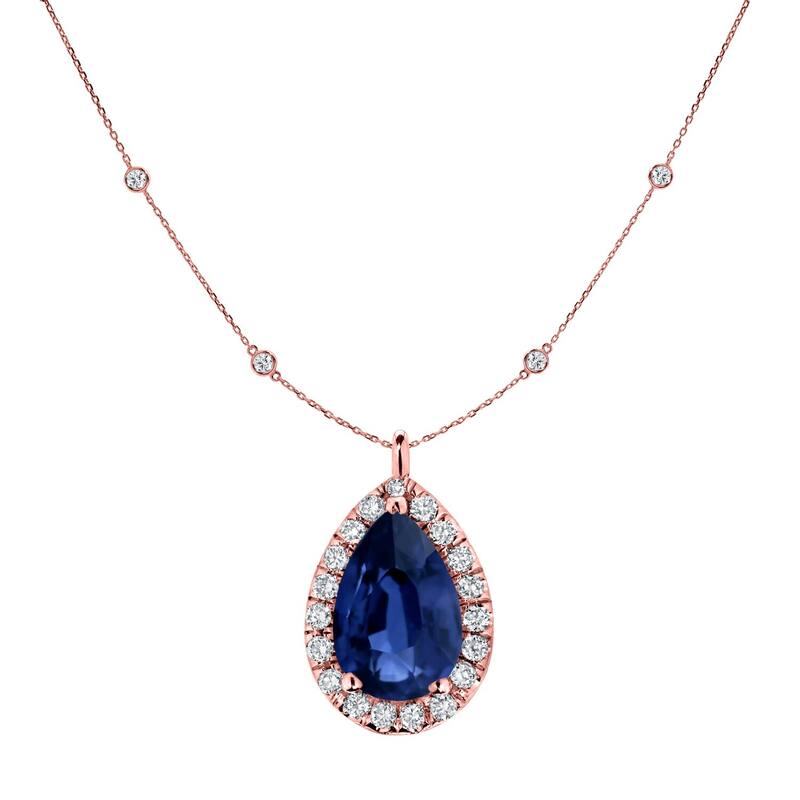 Auriya 14k Gold 1ct Pear-Shaped Blue Sapphire and Diamond Halo Necklace - Rose