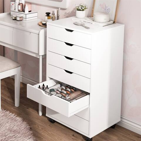 Tall Chest of 7-Drawer Makeup, Storage Dresser Cabinet W/ Wheels White
