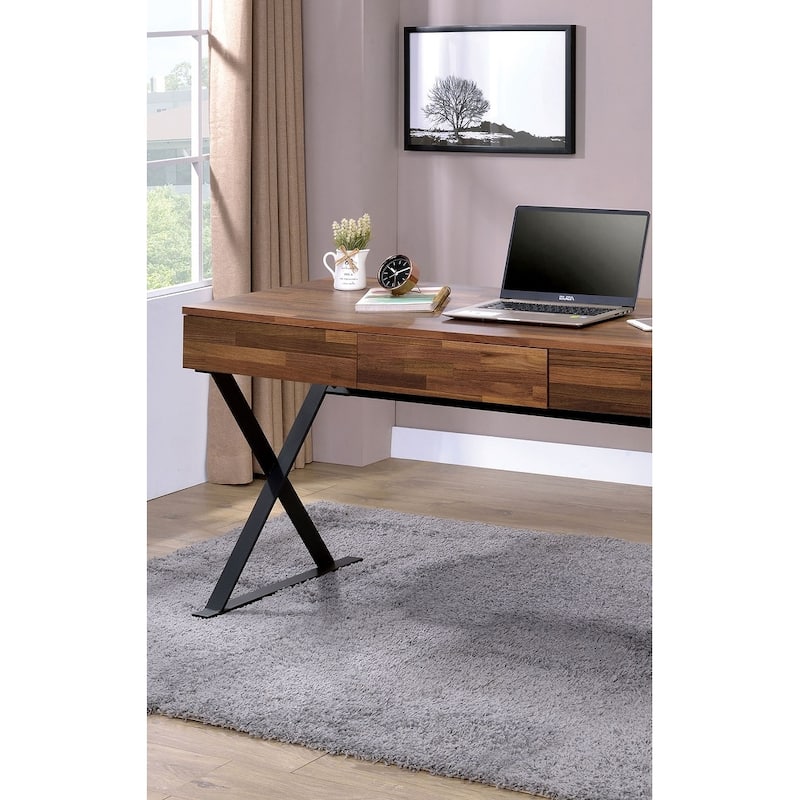 GDFStudio - Ethan Industrial Computer Desk with X-Cross Legs, Three Storage Drawers, USB and Power Outlets