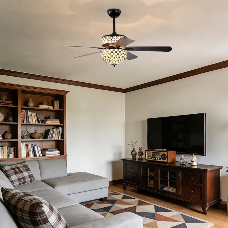 Guarvey 52-Inch Flushmount Two-Tiered Lighted Ceiling Fan Ivory Tiffany Glass Lamp Black Finish