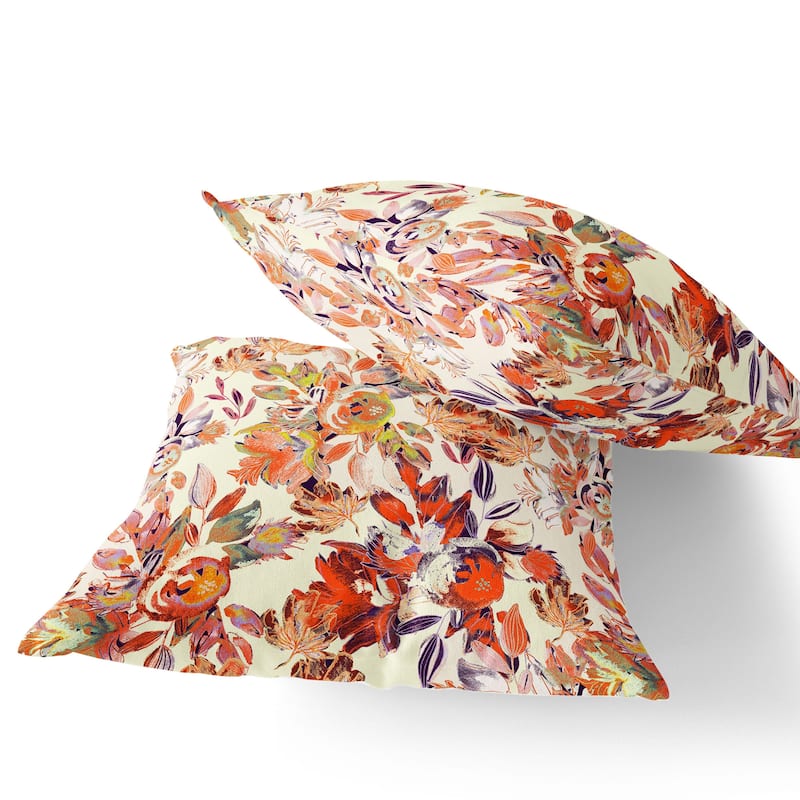 HomeRoots Set of Two 16" X 16" Beige and Red Blown Seam Floral Indoor Outdoor Throw Pillow - 16.00' X '16.00' X '5.00