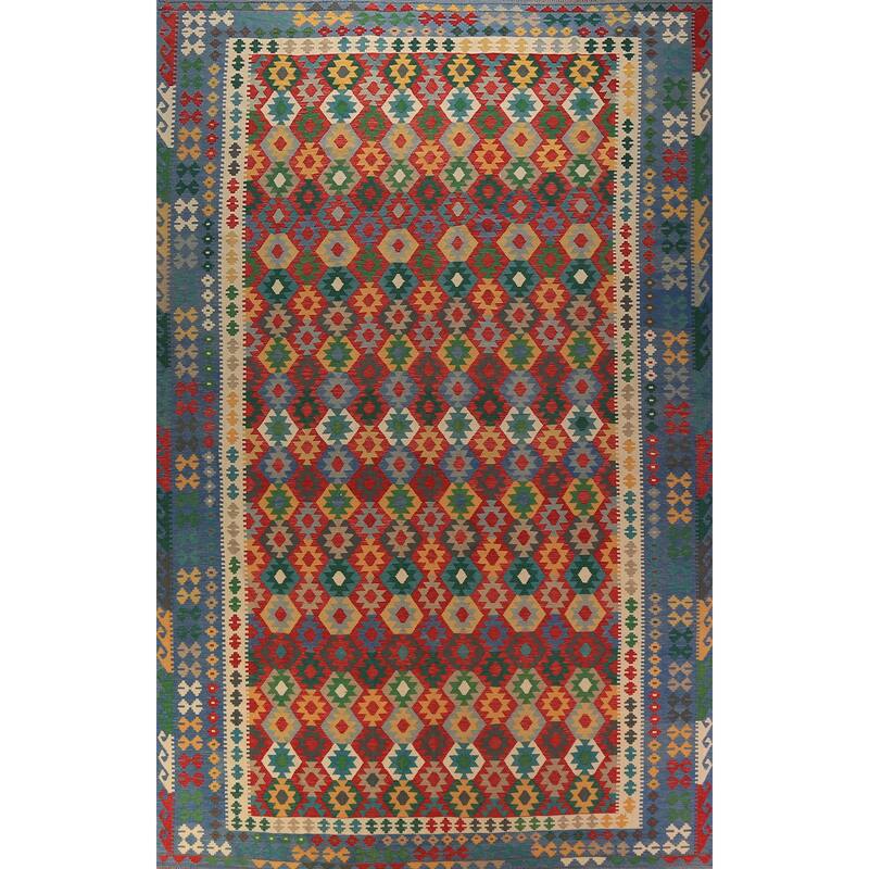 Palace Size Geometric Kilim Oriental Rug Hand-Woven Wool Carpet - 9'10"x 16'0"