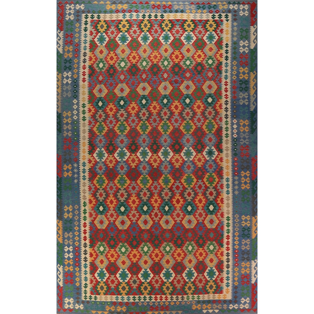Palace Size Geometric Kilim Oriental Rug Hand-Woven Wool Carpet - 9'10"x 16'0"