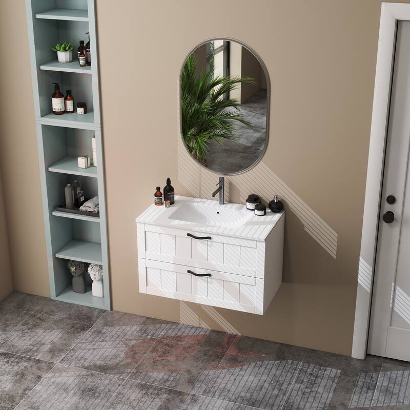 GDFStudio - 31.5" Modern Style Bathroom Cabinet, Double Drawer with Decor Line, Wall-Mounted Vanity