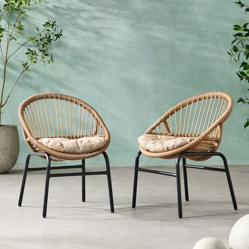 Roomfitters Boho Outdoor Rattan Chairs with Cushions and Metal Legs, Set of 2, Natural