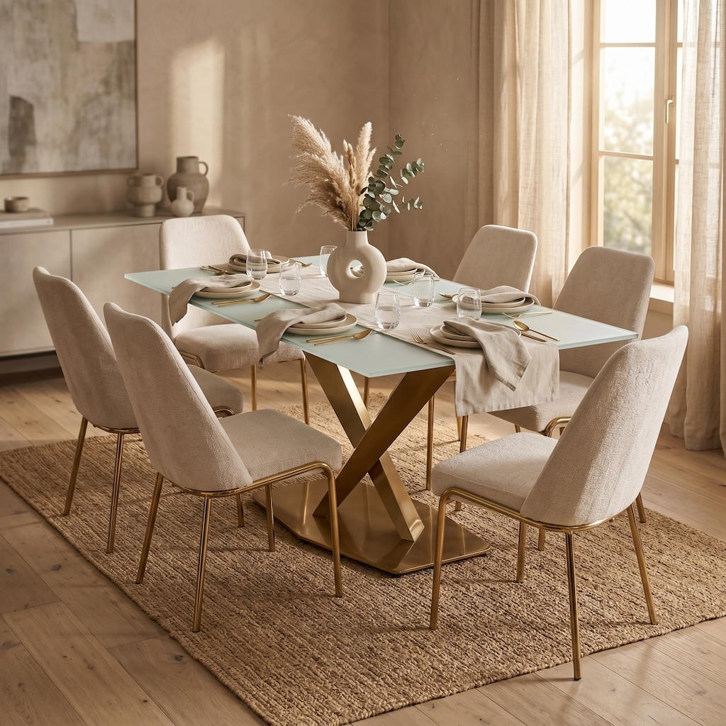 Voren Modern Dining Table with Rectangular Sintered Stone or Glass Top - Brushed Gold Stainless Steel Double Pedestal Base