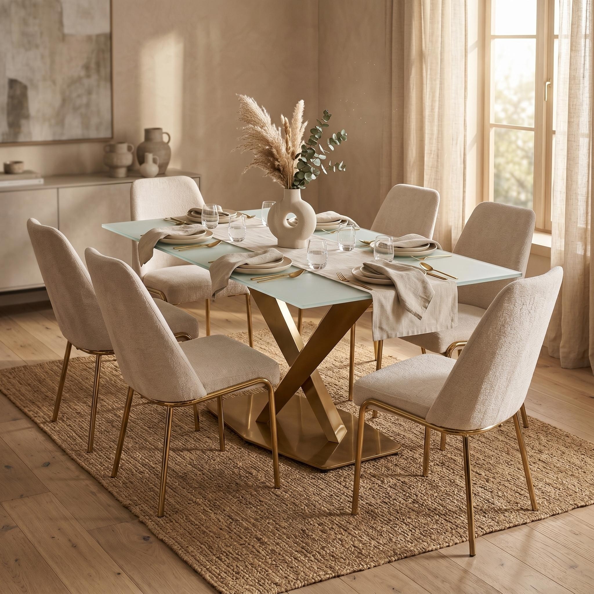 Voren Modern Dining Table with Rectangular Sintered Stone or Glass Top - Brushed Gold Stainless Steel Double Pedestal Base