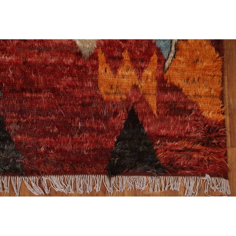 Hand Knotted Oriental 100% Wool Carpet Modern Tribal Red Moroccan Area Rug - 9' 9'' X 6' 10''