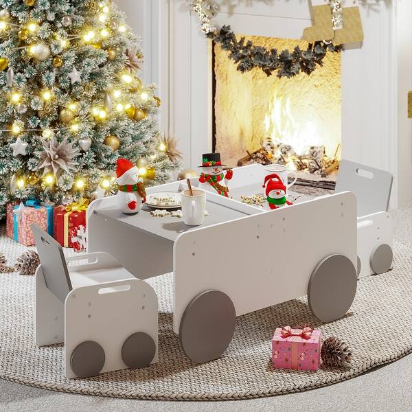 slide 2 of 9, Gezen Kids Table Chair Set with Eye-catching Car-Shaped Design, Height-Adjustable Activity Table for Drawing Reading, Gray+White White/Grey