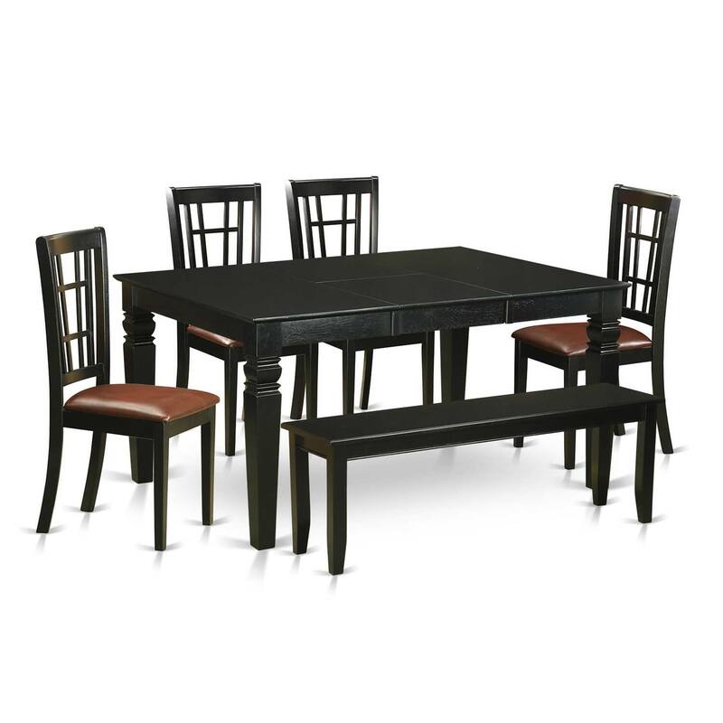 HomeStock 6-Piece Rectangle Black Finish Solid Wood Top dining Table with 1 Bench and 4 Chairs with Lattice Back