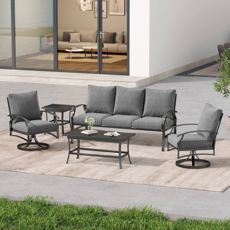 5-Piece Outdoor Patio Metal 74" W Sofa/ Swivel Chair Seating Group - Grey