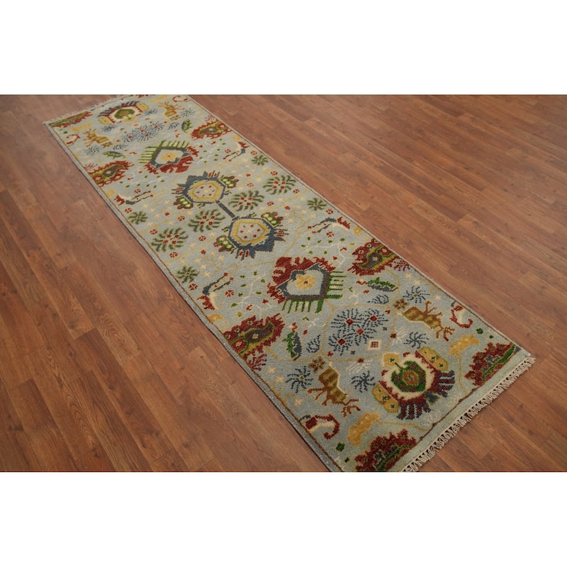 Hand-knotted Traditional Wool Grey Geometric Area Rug Oriental Carpet - 8' 0'' X 2' 6''