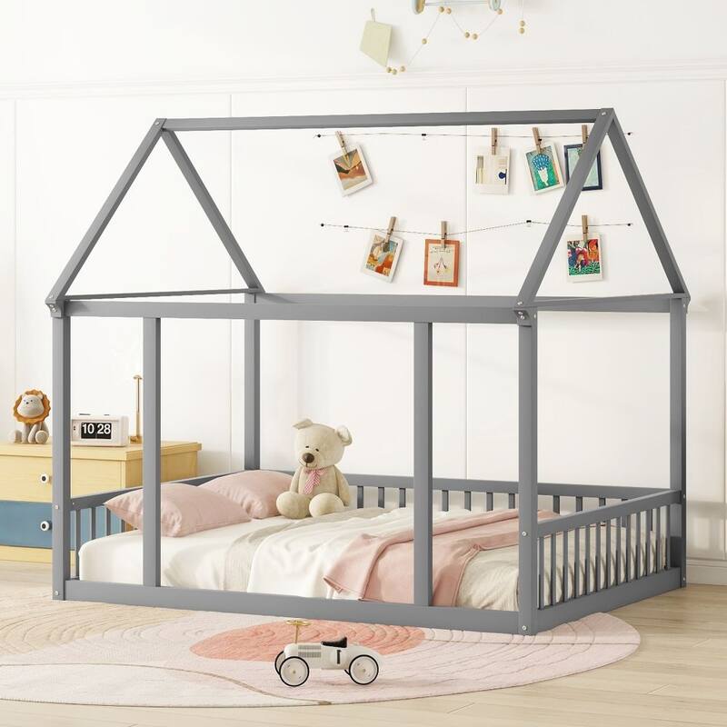 Floor Wooden Bed with House Roof Frame and Safety Guardrails