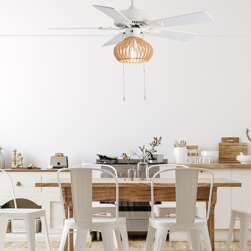 Avalon River of Goods White and Tan Wood Caged Ceiling Fan with Light - 42" x 42" x 15"/20"