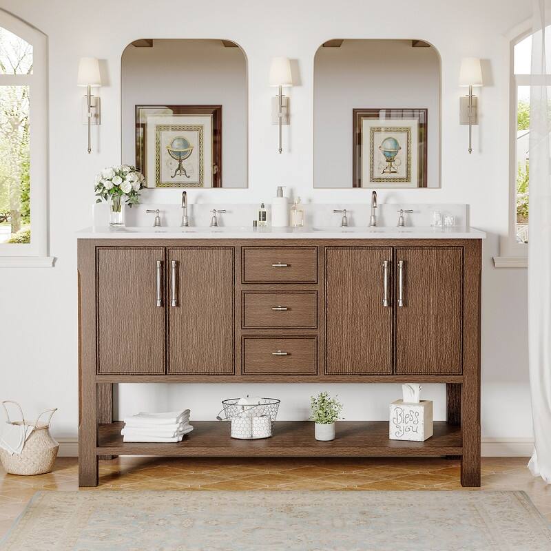 54-Inch Solid Wood Bathroom Vanity with Sink – Minimalist Design for Modern Interiors - Brown