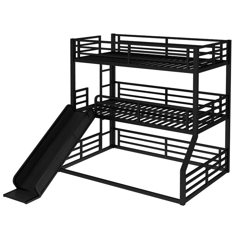 Twin/Twin/Full Triple Bunk Bed with Slide - Metal Frame, Safety Guardrails, Noise-Reduced (Black)