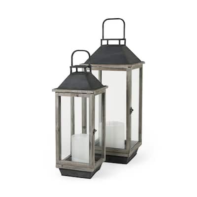 Keyrock Grey Solid Wood & Black Metal w/ Glass Doors Candle Lanterns - 12"W x 12"D x 27"H