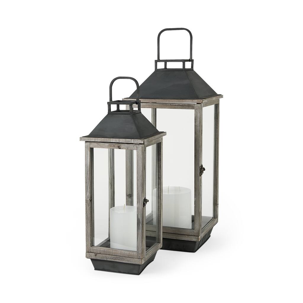 Keyrock Grey Solid Wood & Black Metal w/ Glass Doors Candle Lanterns - 12"W x 12"D x 27"H