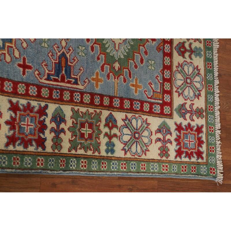 Light Blue Geometric Kazak Rug Living Room Hand-Knotted Wool Carpet - 5'0" x 6'7"