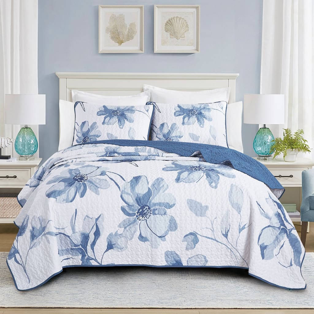 MarCielo Polyester Blue Floral Quilt Set