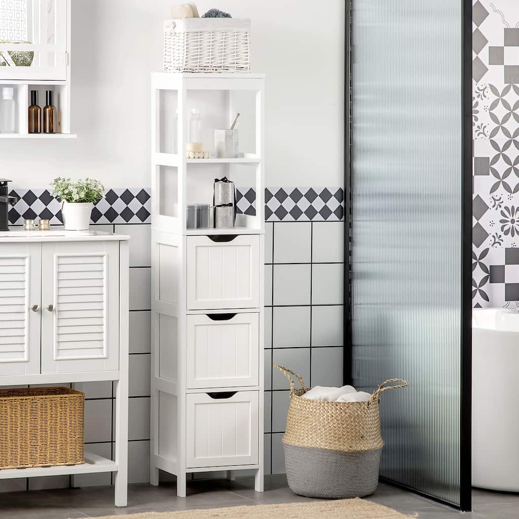 White MDF Tall Bathroom Cabinet with Drawers and Open Storage Shelves for Narrow Spaces - 11.75" W x 11.75" D x 55.75" H