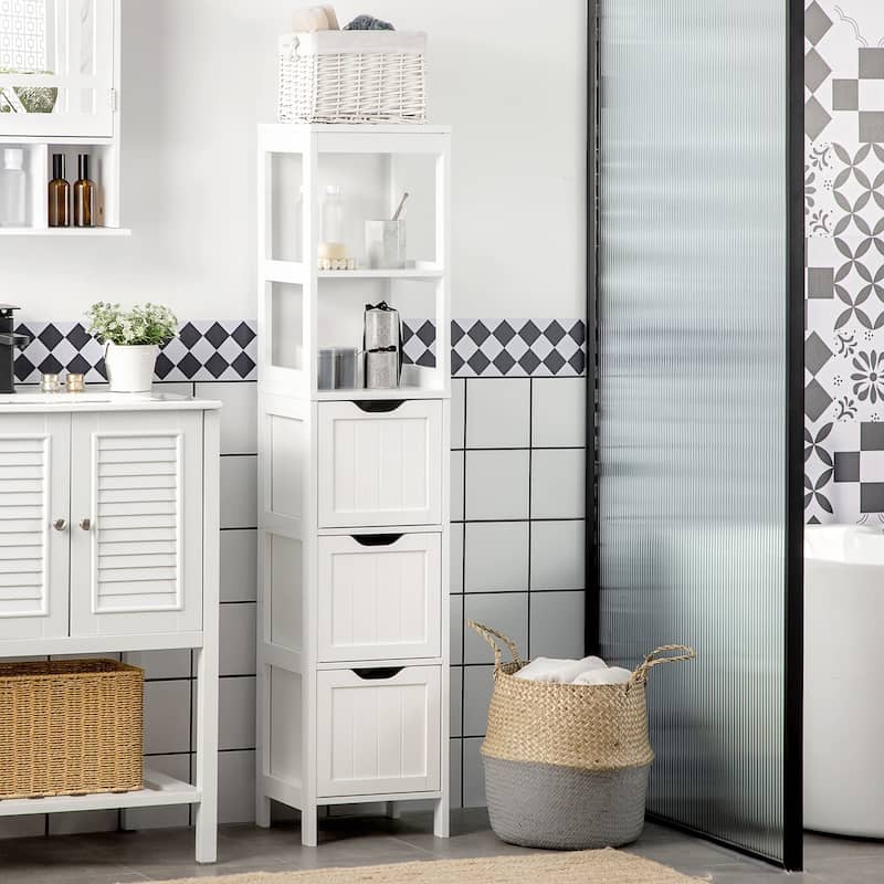 kleankin Narrow Bathroom Cabinet with 3 Drawers and 2 Tier Shelf, Tall Cupboard Freestanding Linen Tower, Slim Corner Organizer - White