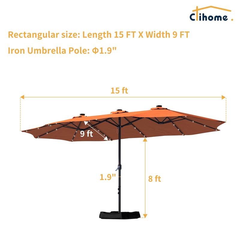 Clihome 15FT Double-Sided Solar Light Market Crank Umbrella with Base