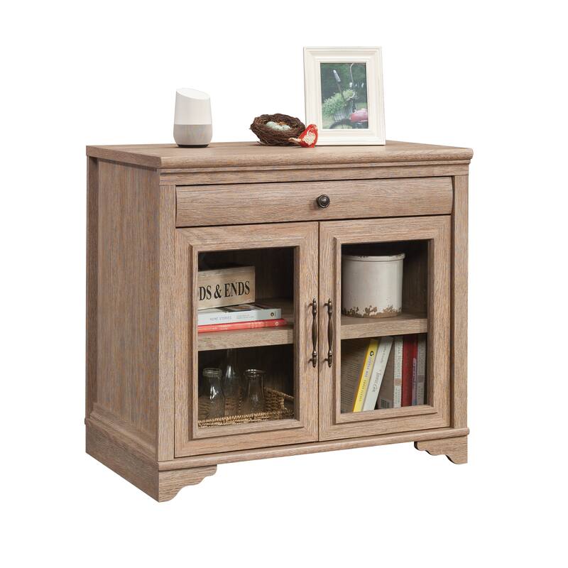 Wood Library Base with 2 Glass Doors and Spacious Drawer, Brown