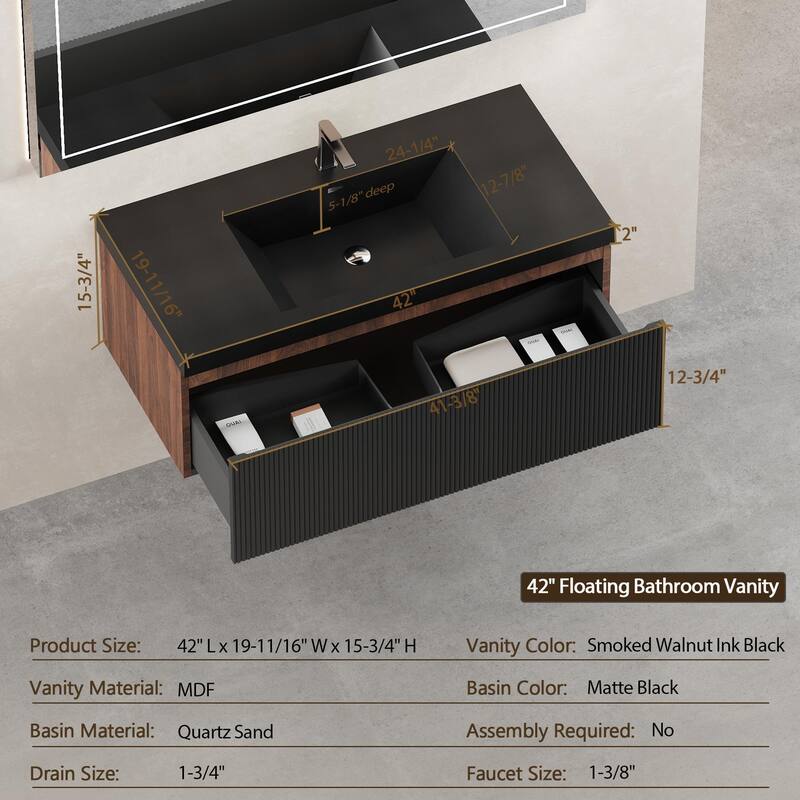 GDFStudio - Dalton 42-Inch Floating Bathroom Vanity with Quartz Sand Basin and Fluted Storage Drawer