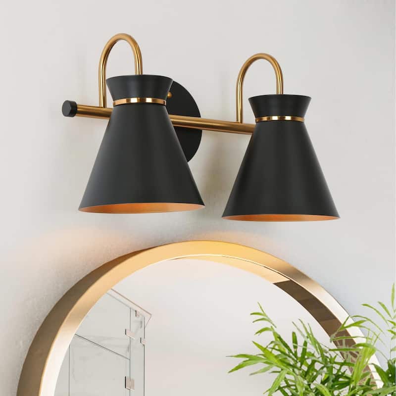 2-Light Modern Black Gold Bathroom Vanity Light Dimmable Metal Wall Sconce - 14.5" L x 7" W x 8.5" H