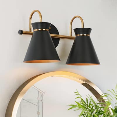 2-Light Modern Black Gold Bathroom Vanity Light Dimmable Metal Wall Sconce - 14.5" L x 7" W x 8.5" H