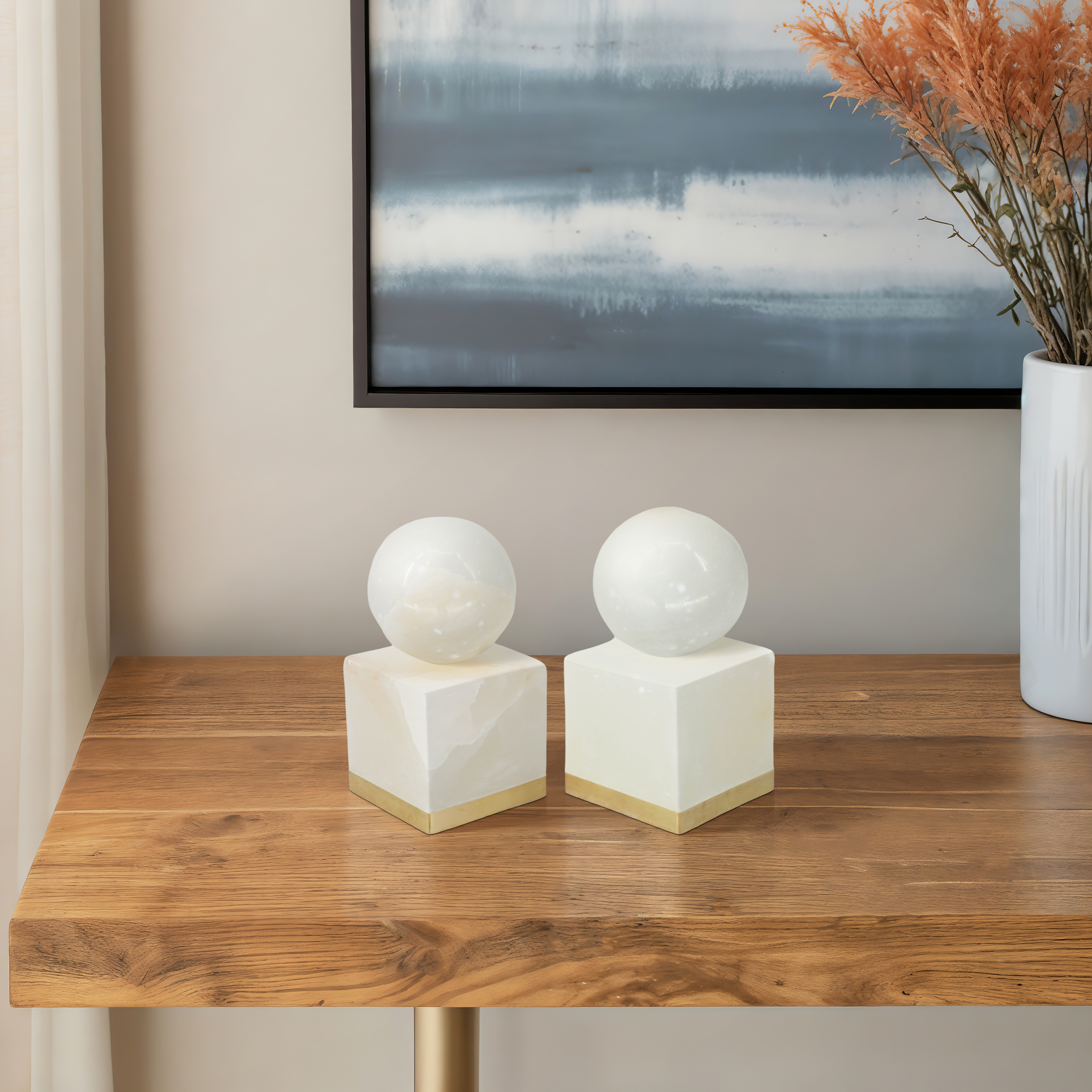 Sagebrook Home 6" Abella Alabaster Orb on Base (Set of 2) - 3" x 3" x 6"