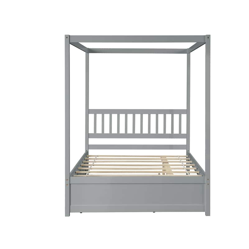 Full Size Canopy Bed with Twin Trundle,Kids Solid Wood Platform Bed Frame Headboard,No Box Spring Needed