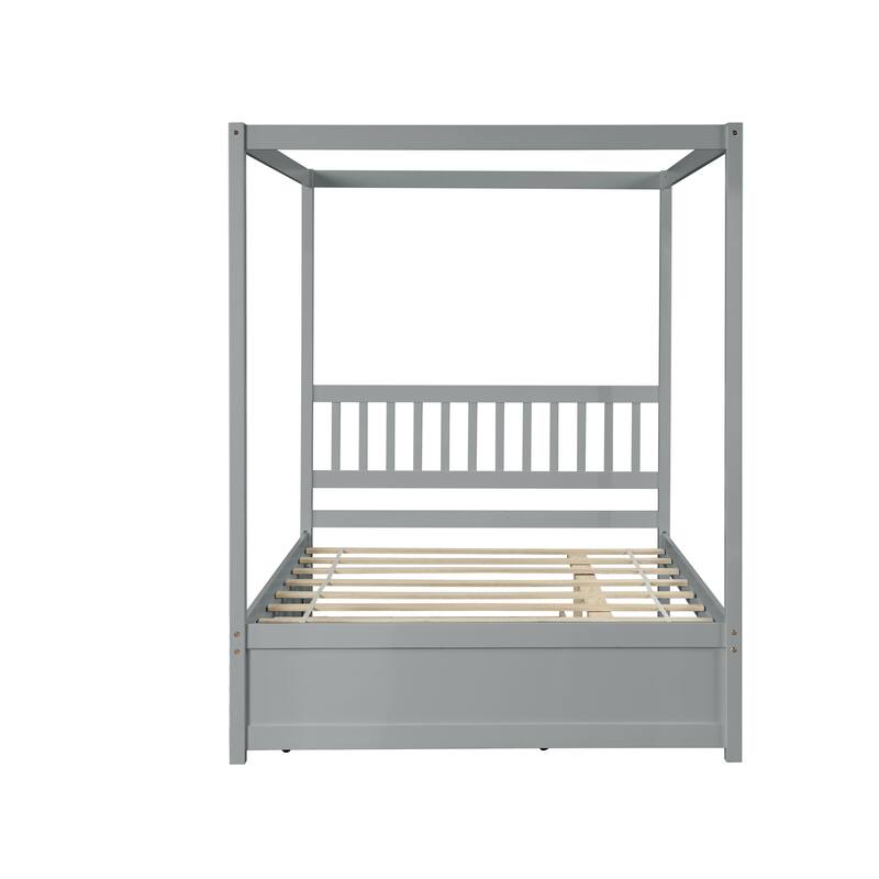 Wooden House Bed with Trundle, Roof Design, and Full Mattress Support