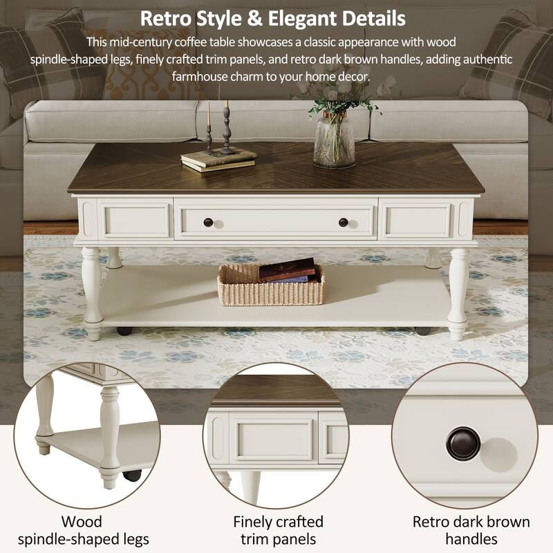 Roomfitters Farmhouse Coffee Table, Retro Wooden Center Table with Drawer, Wheels, and Solid Wood Legs