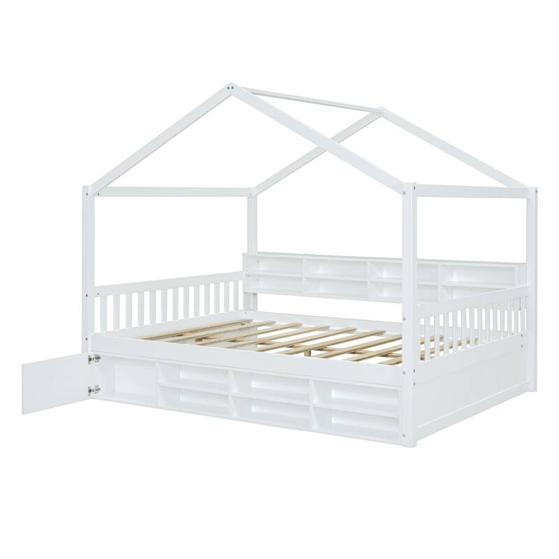 Full Wooden House Bed with Shelves and Mini-Cabinet - White/Gray